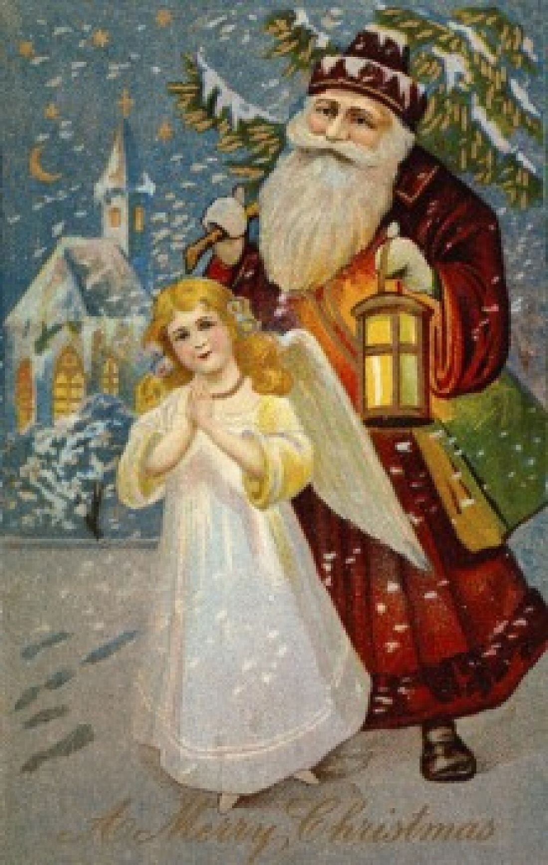 Santa With An Angel Nostalgia cards Canvas Art - (18 x 24)