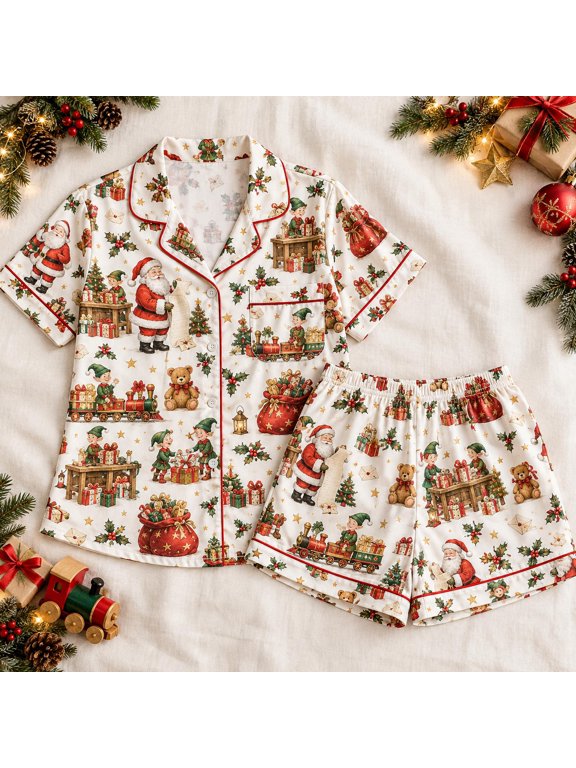 Santa Workshop Christmas Pajama Set, Festive Elf Shirt and Shorts, JEANNELABER