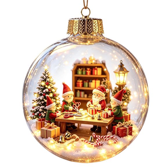 Santa Workshop Scene Light Up Ornament - Glowing Transparent Sphere Holiday Decoration for Tree Mantel B