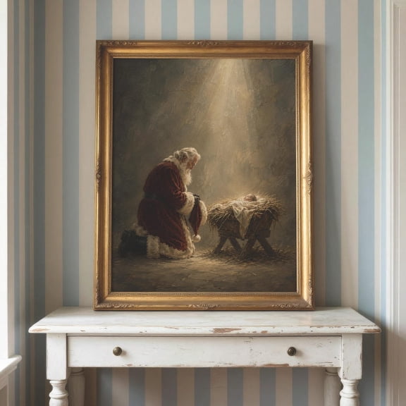 Santa Worshipping Baby Jesus Wall Art Print, Vintage Nativity Manger And Christian Christmas Decor