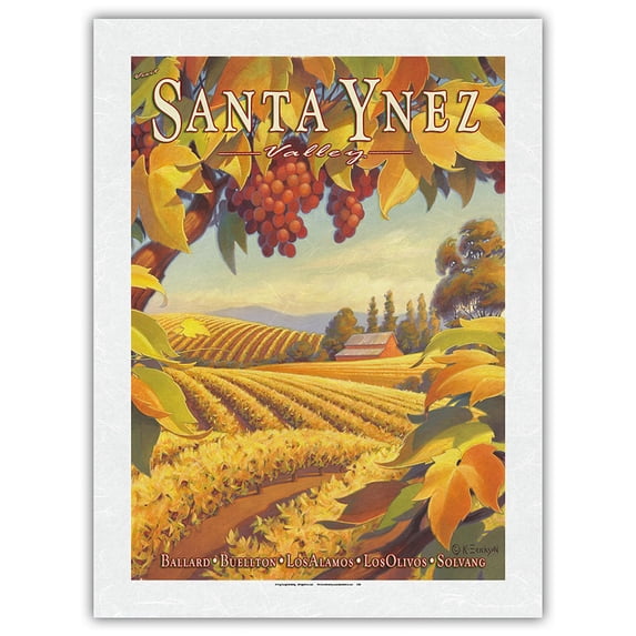 Santa Ynez Valley - Ballard Buellton Los Alamos Los Olivos Solvang - California Vineyards Wine Country Art by Kerne Erickson - Japanese Unryu Rice Paper Art Print (Unframed) 18 x 24 in