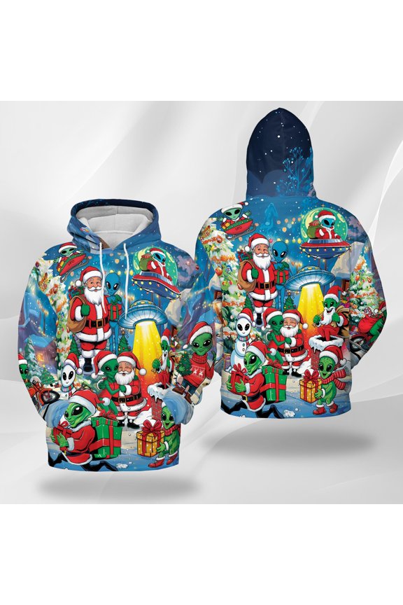 Santa and Alien Christmas Hoodie, Funny UFO Holiday Pullover, Extraterrestrial Santa Gift Hooded Sweatshirt, Space Christmas Hoodie for Men Women