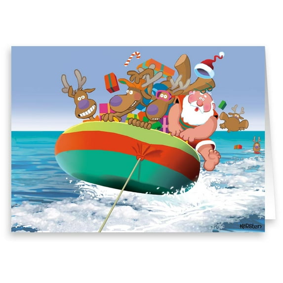 Santa and Reindeer Boat Tow Christmas Card- 18 Cards & Envelopes - Nautical Christmas Cards