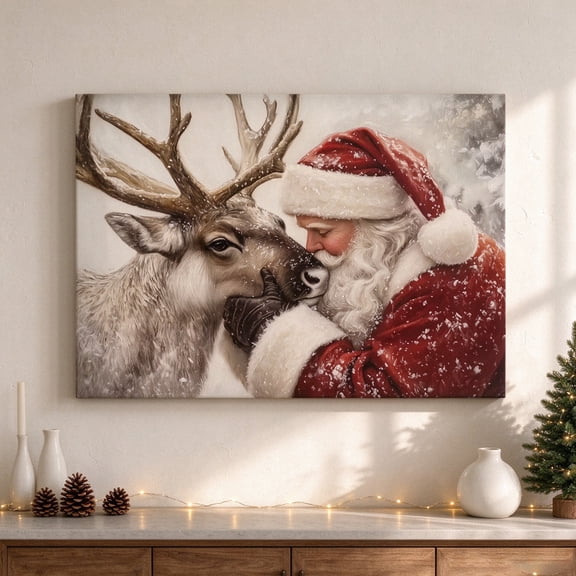 Santa and Reindeer Christmas Canvas Wall Art, 1.25 Inch Wooden Framed Canvas Painting, Xmas Winter Wall Decor for Living Room Bedroom Kitchen