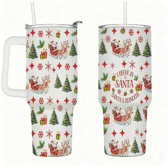 Santa and Reindeer Christmas Tumbler with Lid and Straw, Holiday Sleigh Pattern Travel Cup