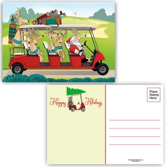 Santa and Reindeer Golfing Holiday Postcard - 4 x 6 - 40 Golfing Holiday Postcar