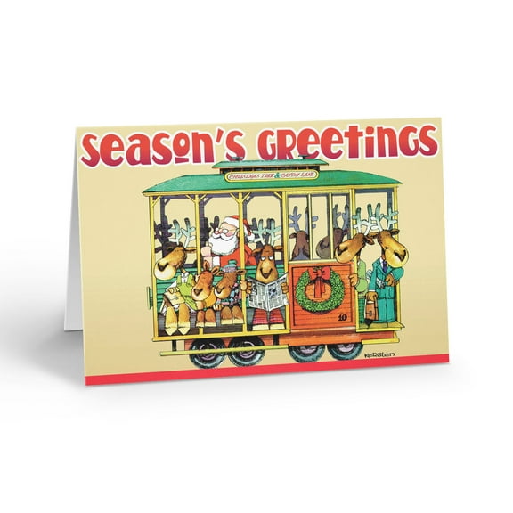 Santa and Reindeer On A Trolly Visiting the City - 12 Holiday Cards with Envelop