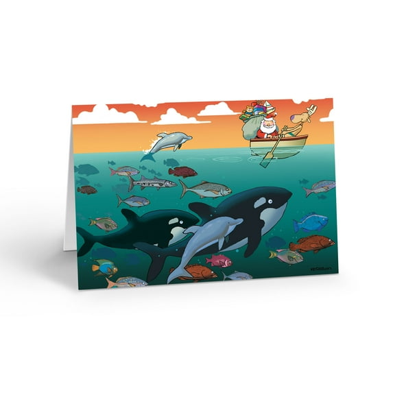 Santa and Some Ocean Friends Holiday Card - 18 Ocean Christmas Cards & Envelopes