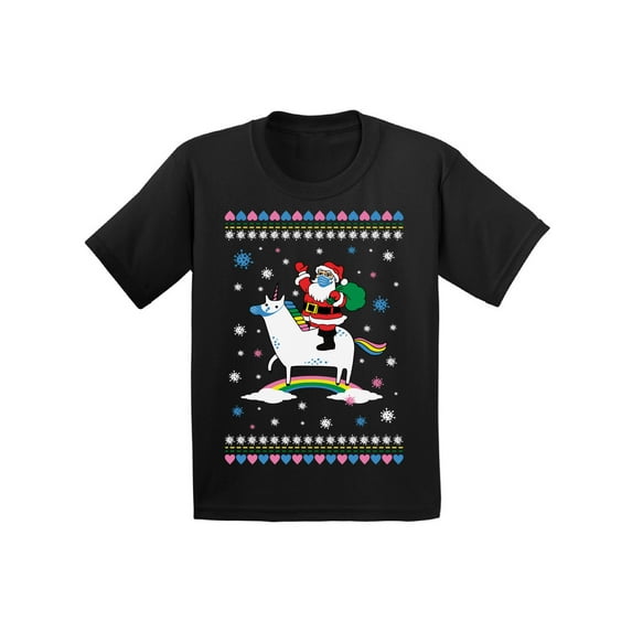 Santa and Unicorn Kids Shirt Merry Christmas Youth T-Shirt Funny Santa in Mask Happy Holidays Xmas Top for Boys Girls Christmas Tee