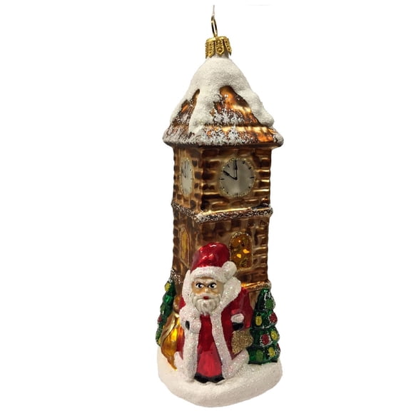 Santa at Clock Tower with Presents Czech Glass Christmas Tree Ornament 7 Inch