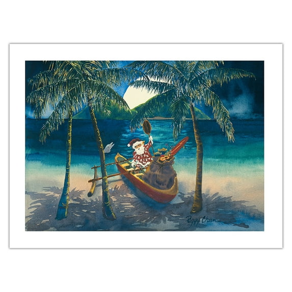 Santa in Outrigger Canoe - From an Original Watercolor Painting by Peggy Chun - Bamboo Fine Art 290gsm Paper Print (Unframed) 18x24in