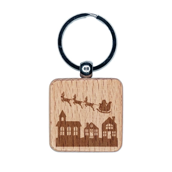 Santa in Sleigh Over Town Christmas Eve Square Keychain Charm Tag - Engraved Wood