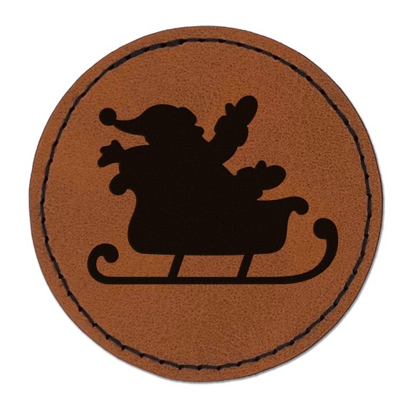 Santa in Sleigh Silhouette Christmas 2.5" Faux Leather Round Engraved Iron-On Patch - Brown