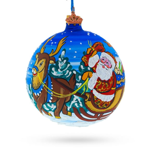 Santa in Sleigh with Reindeer Glass Ball Christmas Ornament 4 Inches