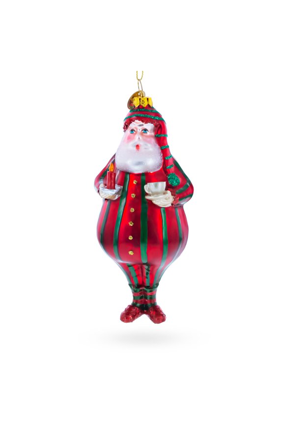 Santa in Striped Pajamas Glass Christmas Ornament