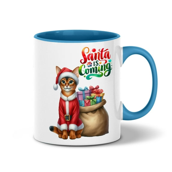 Santa is Coming Abyssinian Merry Christmas Xmas Noel Truck Tree 11oz Accent Two-tone Mug Cat Lover Kitten Owner Gifts Coffee Tea Cup - 02023