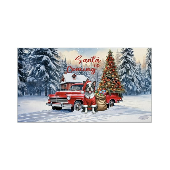 Santa is Coming Boston Terrier Merry Christmas Xmas Noel Truck Tree Doormat Gentleman Dog Lover Gifts Indoor Outdoor Welcome Mat - 02023
