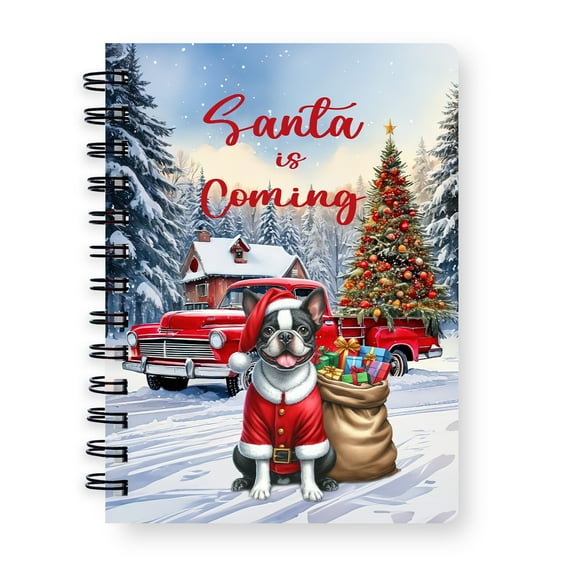 Santa is Coming Boston Terrier Merry Christmas Xmas Noel Truck Tree Spiral Bound Journal Gentleman Dog Lover Gifts 5x7in Spiral Notebook - 02023