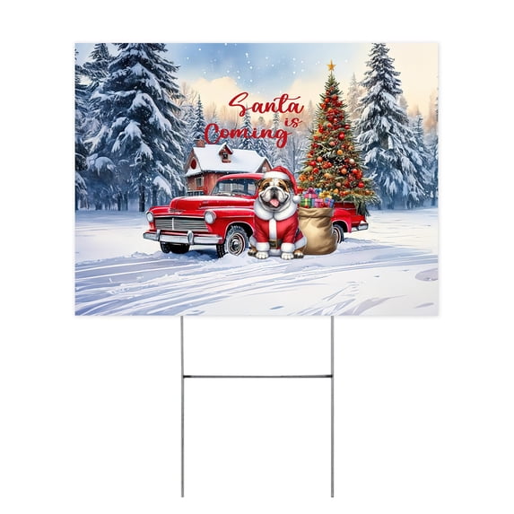 Santa is Coming Bulldog Merry Christmas Xmas Noel Truck Tree Yard Sign Dog Lover Gifts Idea Outdoor Home Lawn Garden Porch Decor - 02023