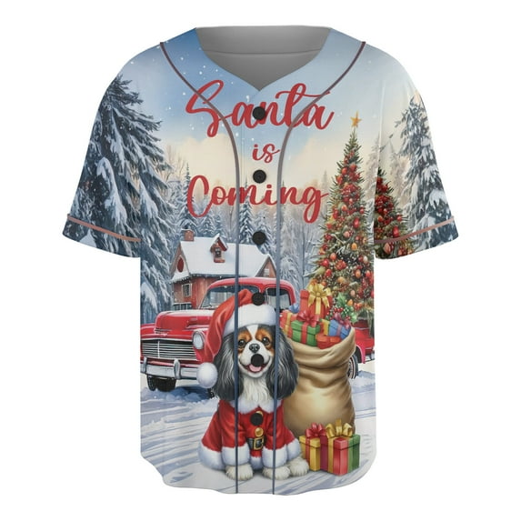 Santa is Coming Cavalier King Charles Spaniel Merry Christmas Xmas Truck Tree All Over Print 3D Baseball Shirt Dog Lover Gifts Softball Sport - 02023