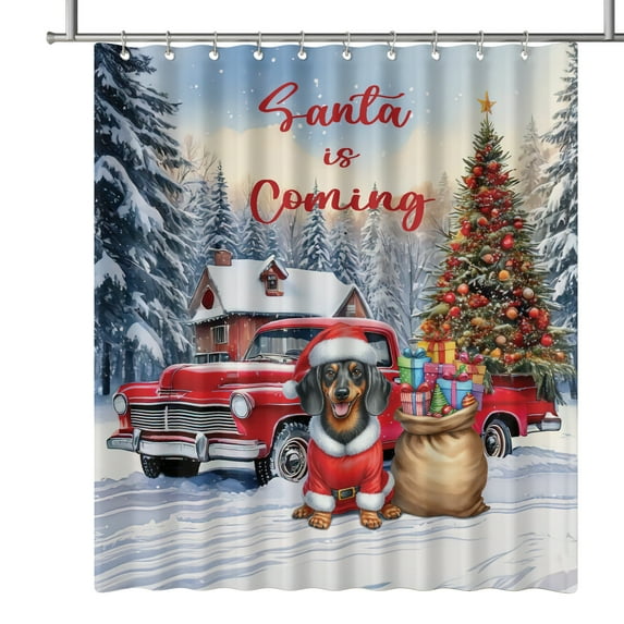 Santa is Coming Dachshund Merry Christmas Xmas Noel Truck Tree Shower Curtain Wiener Dog Lover Gifts Idea Waterproof Bathroom Bathtub Curtain - 02023
