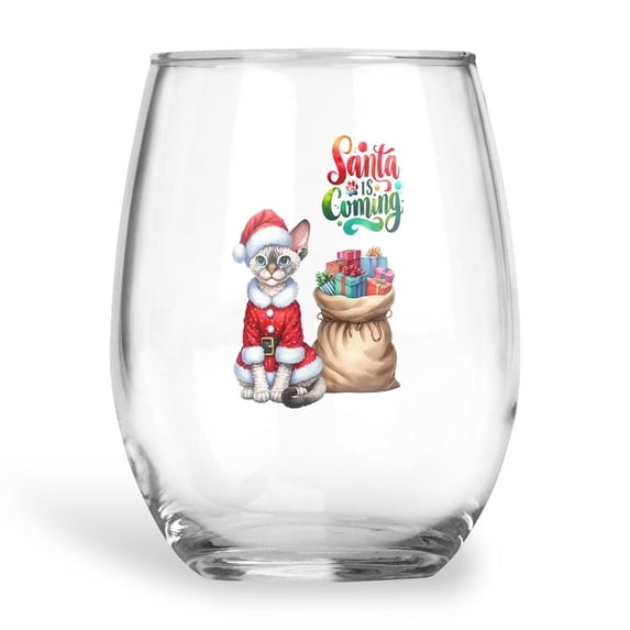 Santa is Coming Devon Rex Merry Christmas Xmas Noel Truck Tree 15oz Stemless Wine Glass Mug Cat Lover Kitten Owner Gifts Wine Glasses Cup - 02023
