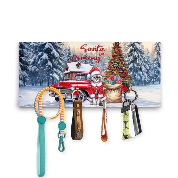 Santa is Coming Devon Rex Merry Christmas Xmas Noel Truck Tree Wood Key Holder Cat Lover Kitten Owner Gifts Wall-mounted Key Rack Home Decor - 02023