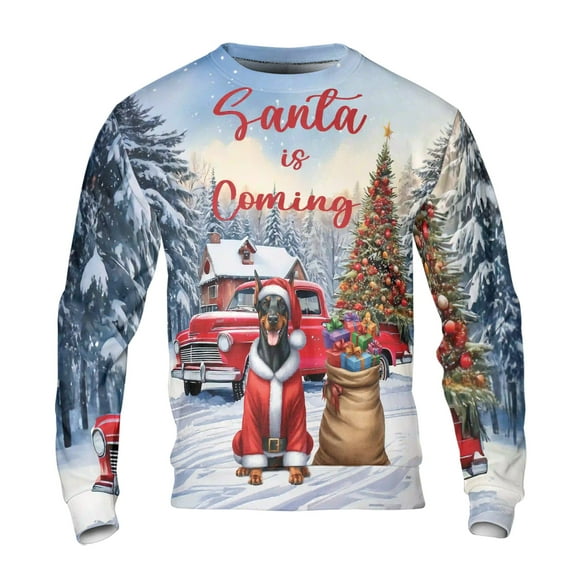 Santa is Coming Doberman Pinscher Merry Christmas Xmas Noel Truck Tree All Over Print 3D Sweatshirt Unisex Merch Doberman Dog Lover Gifts - 02023