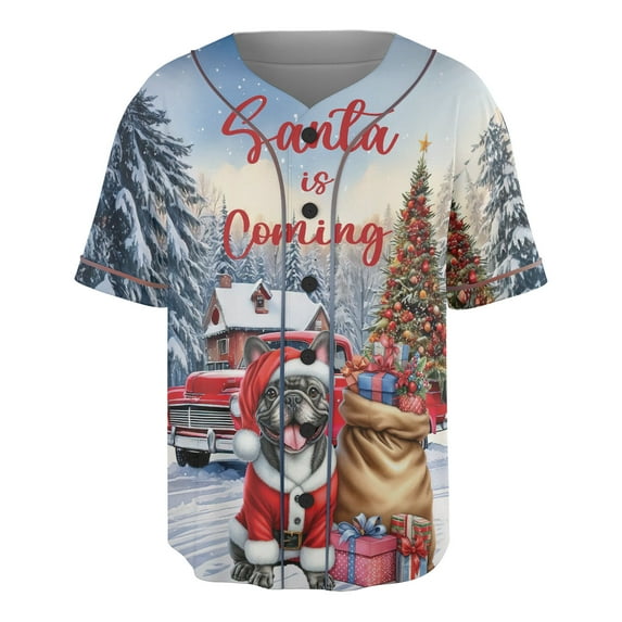 Santa is Coming French Bulldog Merry Christmas Xmas Noel Truck Tree All Over Print 3D Baseball Shirt Dog Lover Gifts Softball Sport - 02023