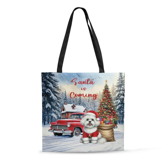 Santa is Coming Maltese Merry Christmas Xmas Noel Truck Tree All Over Print 3D Canvas Tote Bag Maltese Dog Lover Gifts Idea Reusable Handbag - 02023