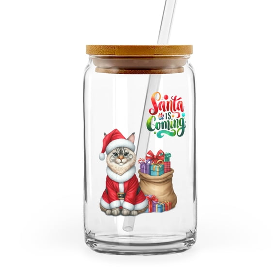 Santa is Coming Manx Merry Christmas Xmas Noel Truck Tree 16oz Glass Cup Mug Cat Lover Kitten Owner Gifts Glass Can with Bamboo Lid and Straw - 02023