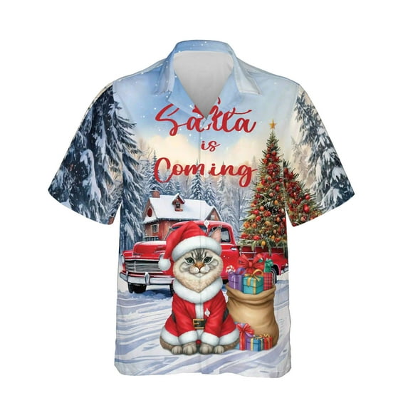 Santa is Coming Manx Merry Christmas Xmas Noel Truck Tree Hawaiian Shirt Breathable Summer Unisex Merch Cat Lover Kitten Owner Gifts - 02023
