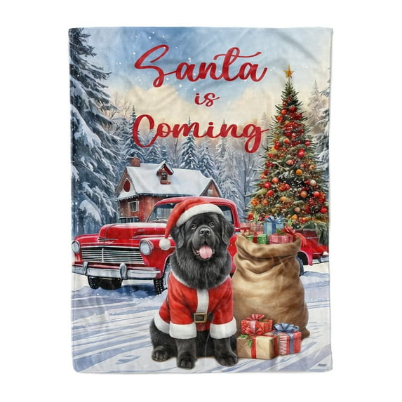 Santa is Coming Newfoundland Merry Christmas Xmas Noel Truck Tree Cozy Fleece Blanket Newfie Dog Lover Gifts Warm Soft Throw Blanket - 02023