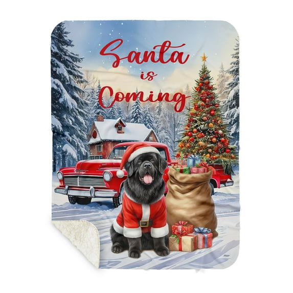 Santa is Coming Newfoundland Merry Christmas Xmas Noel Truck Tree Cozy Sherpa Blanket Newfie Dog Lover Gifts Warm Soft Throw Blanket - 02023