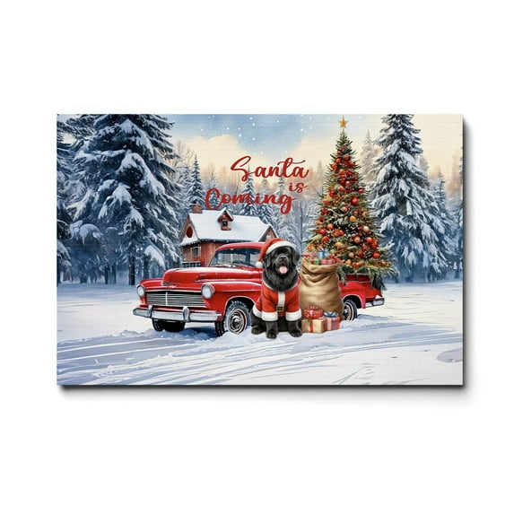 Santa is Coming Newfoundland Merry Christmas Xmas Noel Truck Tree Horizontal Matte Canvas Poster Newfie Dog Lover Gifts Wall Art Home Decor - 02023