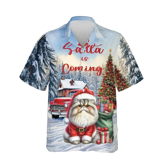 Santa is Coming Persian Merry Christmas Xmas Noel Truck Tree Hawaiian Shirt Breathable Summer Unisex Merch Cat Lover Kitten Owner Gifts - 02023