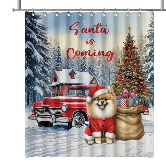 Santa is Coming Pomeranian Merry Christmas Xmas Noel Truck Tree Shower Curtain Pom Dog Lover Gifts Waterproof Bathroom Bathtub Curtain - 02023