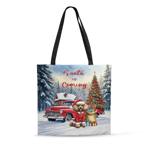 Santa is Coming Poodle Merry Christmas Xmas Noel Truck Tree All Over Print 3D Canvas Tote Bag Poodles Dog Lover Gifts Idea Reusable Handbag - 02023