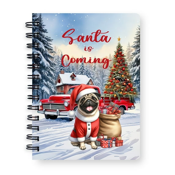 Santa is Coming Pug Merry Christmas Xmas Noel Truck Tree Spiral Bound Journal Dog Lover Gifts 5x7in Spiral Notebook - 02023