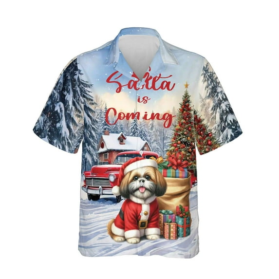 Santa is Coming Shih Tzu Merry Christmas Xmas Noel Truck Tree Hawaiian Shirt Breathable Summer Unisex Merch Lion Dog Lover Gifts - 02023