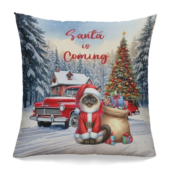 Santa is Coming Siamese Merry Christmas Xmas Noel Truck Tree Pillowcase Double Sided Cat Lover Kitten Owner Gifts Pillow Case Covers - 02023