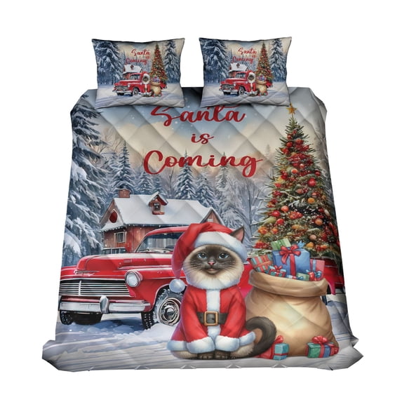 Santa is Coming Siamese Merry Christmas Xmas Noel Truck Tree Quilt Bedding Set Cat Lover Kitten Owner Gifts 1 Blanket Bed Cover 2 Pillowcases - 02023