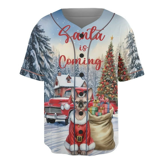 Santa is Coming Sphynx Merry Christmas Xmas Noel Truck Tree All Over Print 3D Baseball Shirt Cat Lover Kitten Owner Gifts Idea Softball Sport - 02023
