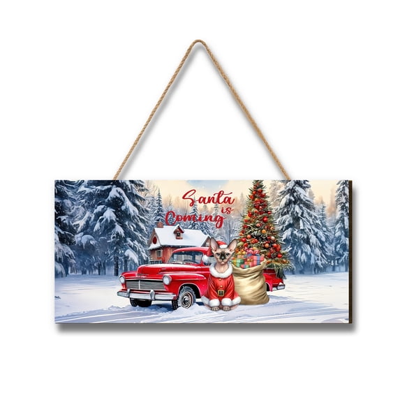 Santa is Coming Sphynx Merry Christmas Xmas Noel Truck Tree Landscape Wood Sign Cat Lover Kitten Owner Gifts Idea Hanging Wall Home Decor - 02023