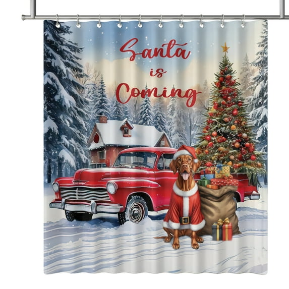 Santa is Coming Vizsla Merry Christmas Xmas Noel Truck Tree Shower Curtain Vizslas Dog Lover Gifts Idea Waterproof Bathroom Bathtub Curtain - 02023