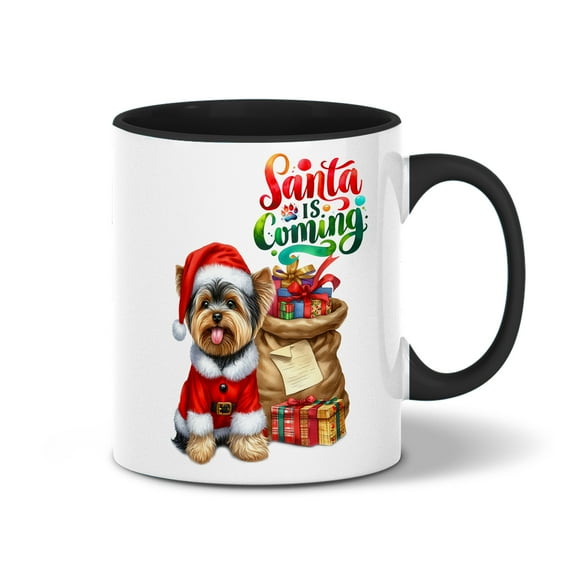 Santa is Coming Yorkshire Terrier Merry Christmas Xmas Noel Truck Tree 11oz Accent Two-tone Mug Yorkie Dog Lover Gifts Coffee Tea Cup - 02023