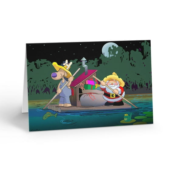 Santa is Delivering Presents Via Timber Rafting Down South Holiday Card - 12 Hol