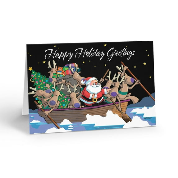 Santa is Rowing Through Icebergs In Alaska - 12 Holiday Cards with Envelopes - 1