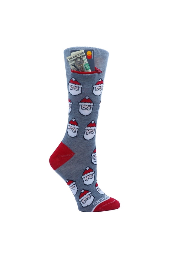 Santa on Grey Pocket Socks , Womens, One Size