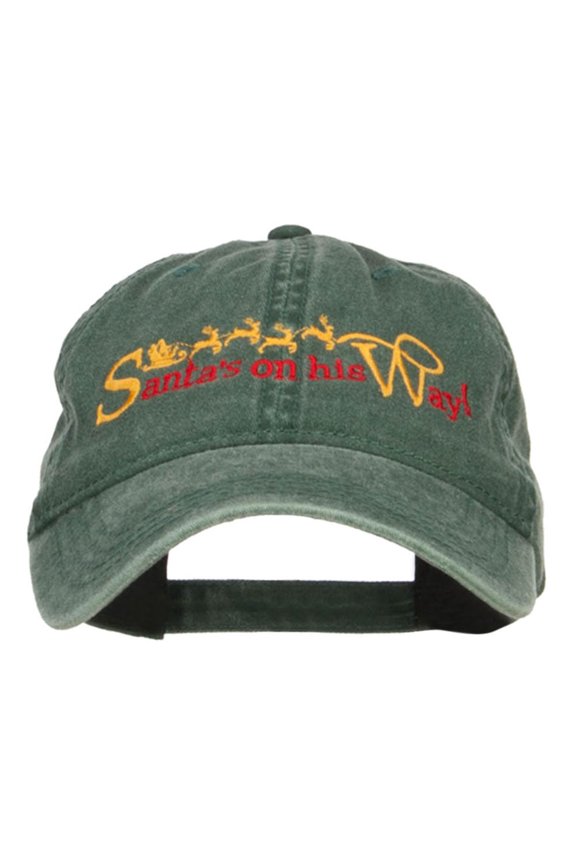 Santa on His Way Embroidered Washed Cap - Dk Green OSFM